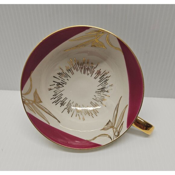 Gebruder Winterling Porcelain Tea Cup & Saucer Set Maroon Gold Floral Design MCM - Picture 7 of 8